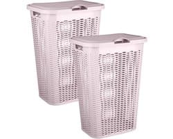 Plasticforte Wasmand Ventilation - 2x - met deksel - roze - kunststof - 51 liter - 43 x 35 x 61 cm - Badkamer - Wasgoed - Nieuw design - Zeer stevig