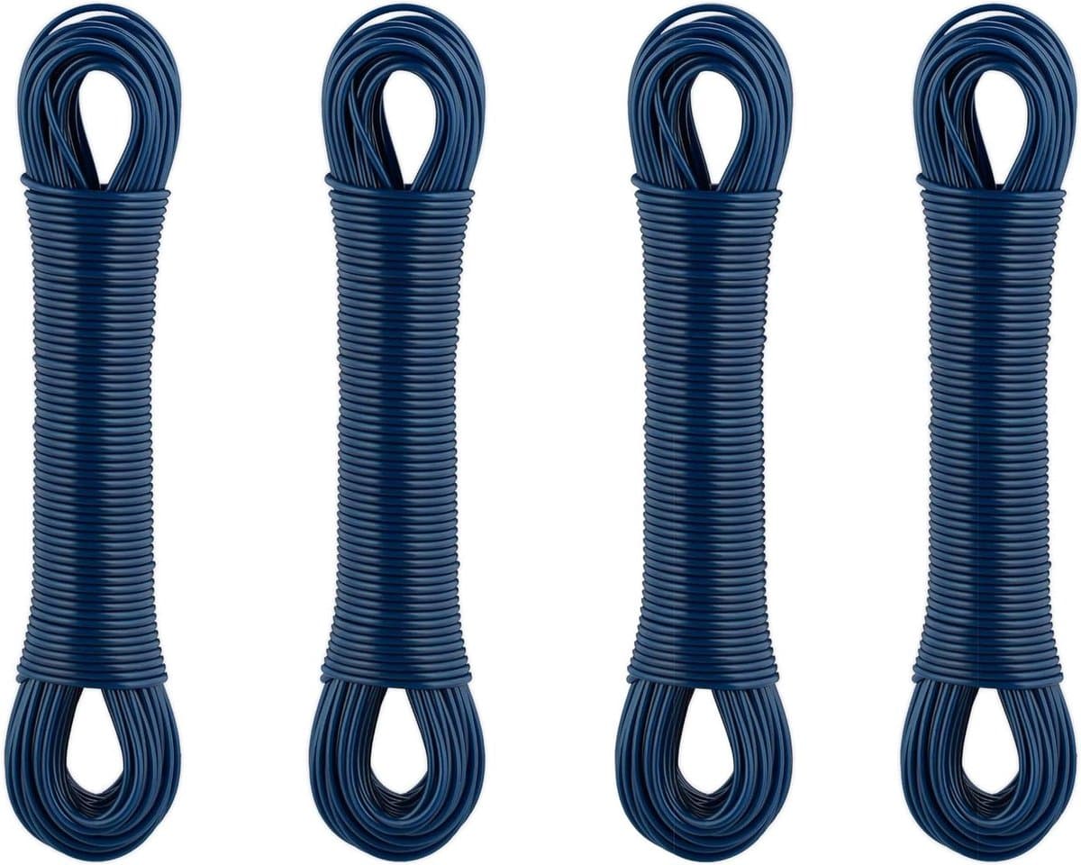 Waslijn - set van 4 - 30 meter stalen draad - omhulsel van pvc - extra sterk - balkon binnen en buiten - blauw Waslijndraad met stalen kern — afbeelding 1