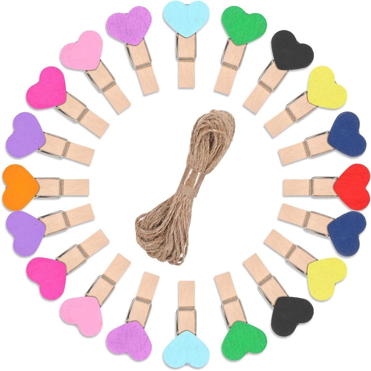 Houten Knijpers Hartjes - Mini Clips - Foto's Ophangen - 50 Stuks Inclusief Touw - 3.5 cm - Multicolor — afbeelding 1