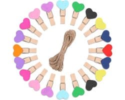 Houten Knijpers Hartjes - Mini Clips - Foto's Ophangen - 50 Stuks Inclusief Touw - 3.5 cm - Multicolor