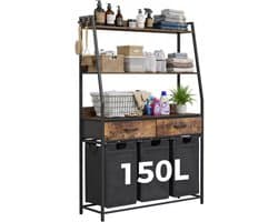 CINK & Co® Wassorteerder met 3 vakken - Wasmand met verstelbare planken en lades - 150 liter - Bruin en zwart - 106x33x160 cm