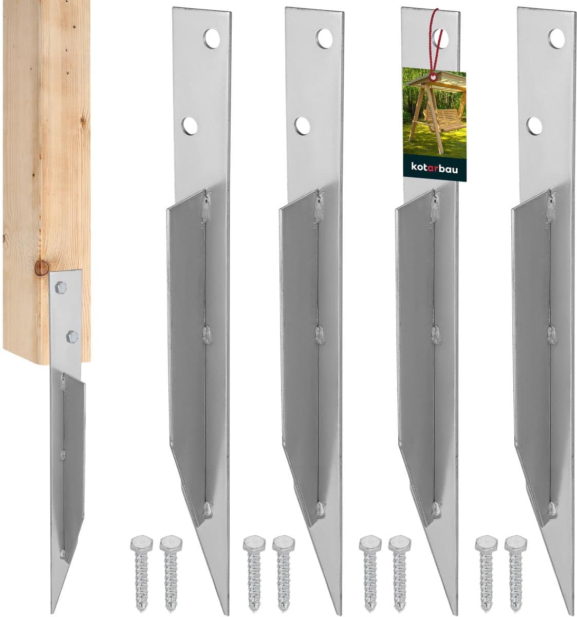 KOTARBAU® Set vom 4 Grondankers, Thermisch Verzinkt Staal, 44.5x4 cm, Zilver, Bodemankers, Grondankers voor Schommel, Paalhouder — afbeelding 1
