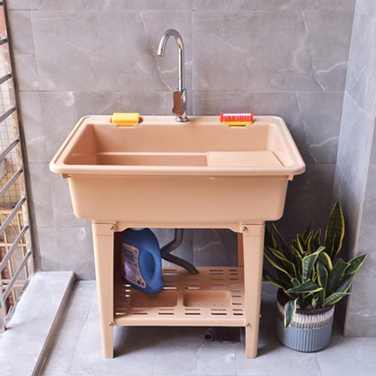 Vrijstaande wasbak - Waskom met wasbord - Kleding wassen - Ergonomisch ontwerp - 80x56x80cm - Oranje — afbeelding 1