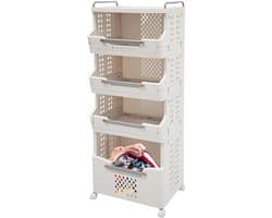 4-Laags Wasmand met 360° Stille Wielen – Opvouwbaar Wasrek en Kledingopbergrek voor Woonkamer en Badkamer – Wit