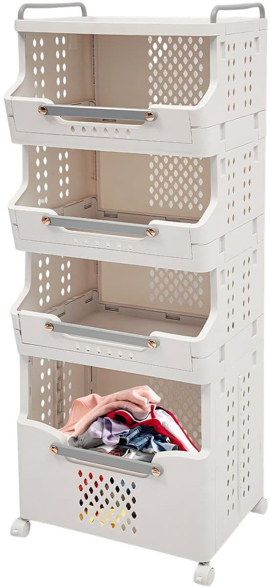 4-Laags Wasmand met 360° Stille Wielen – Opvouwbaar Wasrek en Kledingopbergrek voor Woonkamer en Badkamer – Wit — afbeelding 1
