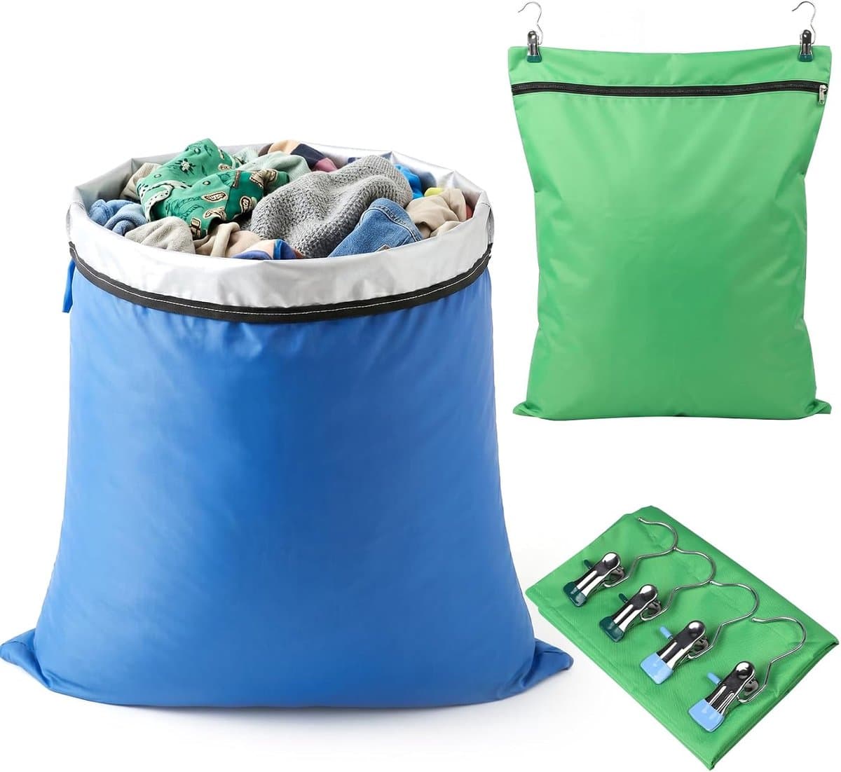 Waszakken voor op reis, waterdichte vuilwaszakken en natte zakken | 80 x 70/60 x 70 cm, 210D Oxford met zilveren coating, ritssluiting en 4 clips, voor natte kleding, camping, sport en camper — afbeelding 1