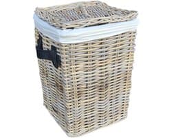 Rieten Wasmand Klein 34cm | Deksel & Linnen Voering | Zwarte Leren Handgrepen | Handgemaakt Indonesië — afbeelding 1