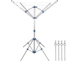 Droogmolen met Voet voor Camping & Thuis - Wasrek Staand - Droogrek Inklapbaar - Inclusief Pinnen - Zilver en Blauw