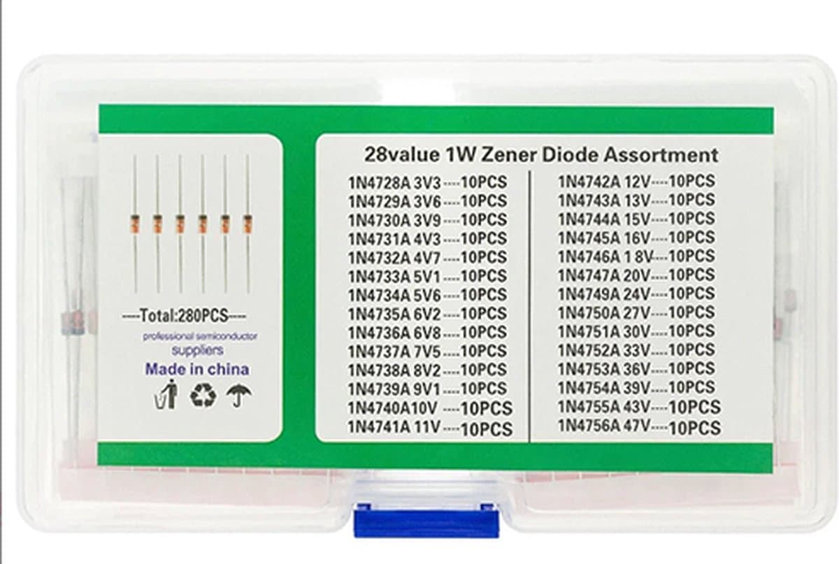 280pcs 28 value 1W Zener Diode 3.3V - 30V 28 x 10pcs Assortment Set Kit + Box — afbeelding 1