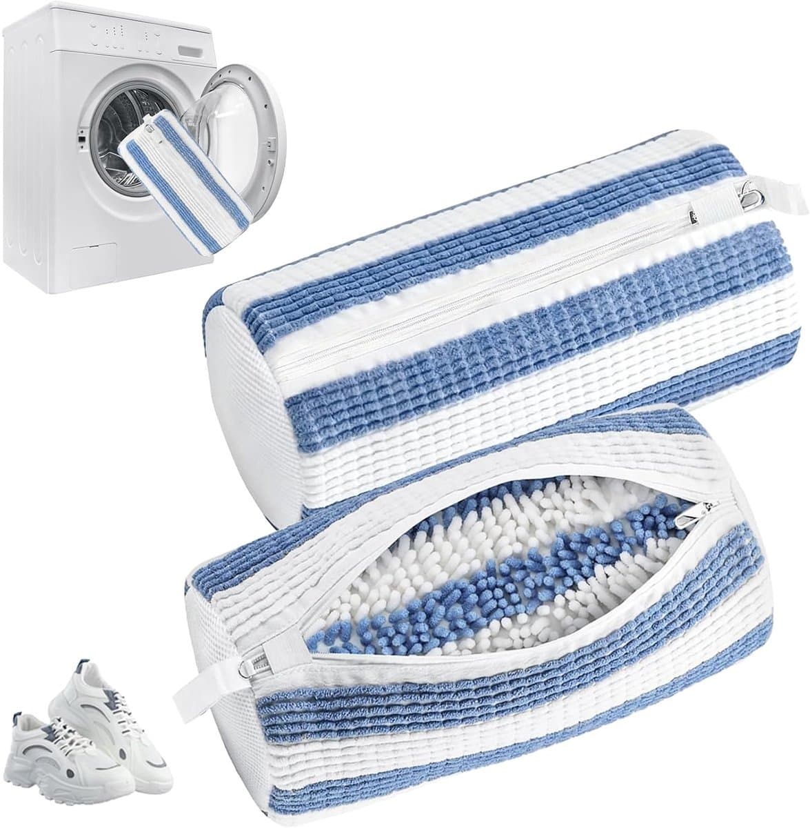 Schoenwaszak - Sneaker waszak - 2 stuks - Waszak voor schoenen - Herbruikbaar - Wasnet Voor Schoenen - Wasmachine&Droger - Schoenen Waszak - Voor Sneakers en Tennisschoenen - Netje Anti-Vervorming - Blauw/Wit — afbeelding 1