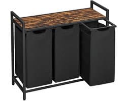SanaVida - Wasmand - Wasmand 3 vakken - 114L Was - Met Opbergruimte - Oxford Stof - Stalen Frame - 92,5 x 33 x 72 cm - Zwart/Hout