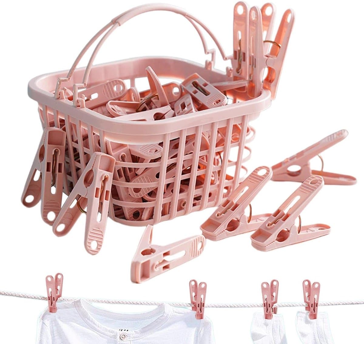 Wasknijpers met mand - Kledinghaken set - Kleding drogen - Winddicht ontwerp - 30 stuks - Roze — afbeelding 1