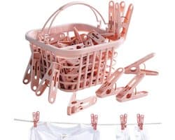 Wasknijpers met mand - Kledinghaken set - Kleding drogen - Winddicht ontwerp - 30 stuks - Roze
