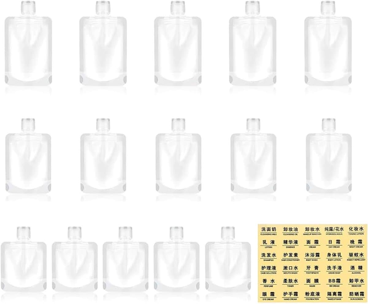 15 stuks 30/50/100 ml reisflessen voor toiletartikelen, lekvrije doorzichtige vloeibare zakjes, herbruikbare reiszakken met etiketten, navulbare cosmetische containerkits voor — afbeelding 1