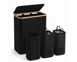 BOTC Wasmand 3 Vakken - Wassorteerder - 160L Capaciteit - Bamboe Wasmand met Deksel - 75*57*37cm - Zwart — afbeelding 1