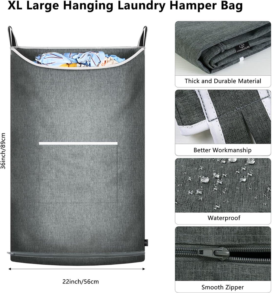 boven de deur, waszak om op te hangen, mand voor badkamer, kast, ruimtebesparende opslag, wasmand hangend met 2 stuks roestvrijstalen haken en 2 stuks zuignappen (89 x 56 cm — afbeelding 1