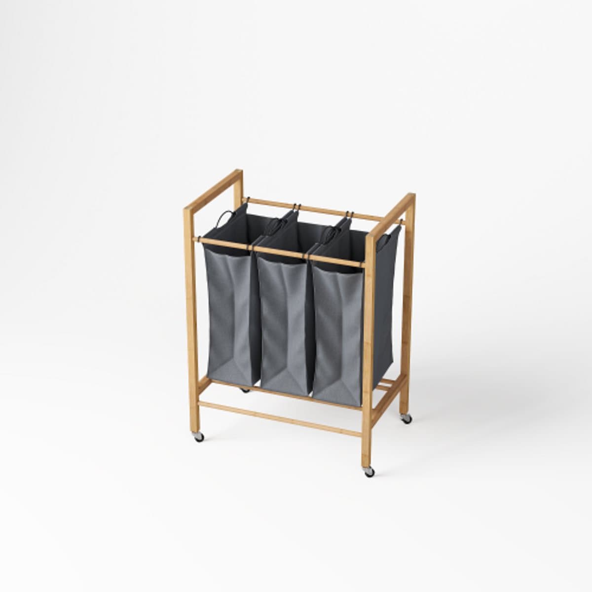 Bamboe Wasmand met 3 Vakken - Wassorteerder met Uitneembare Waszak - Wasmand met Wielen - 90L Kleding Sorteerder voor Badkamer, Slaapkamer en Wasruimte — afbeelding 1