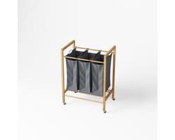 Bamboe Wasmand met 3 Vakken - Wassorteerder met Uitneembare Waszak - Wasmand met Wielen - 90L Kleding Sorteerder voor Badkamer, Slaapkamer en Wasruimte
