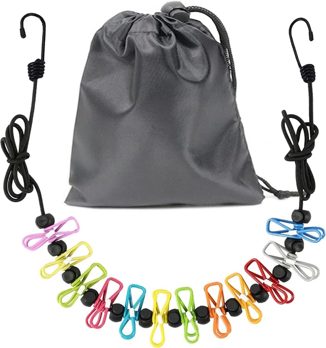 Draagbare waslijn, intrekbare waslijn voor reizen, kledinglijn met 12 kledingclips, voor binnen wasdrooglijn, outdoor camping accessoires (kleurrijk) — afbeelding 1