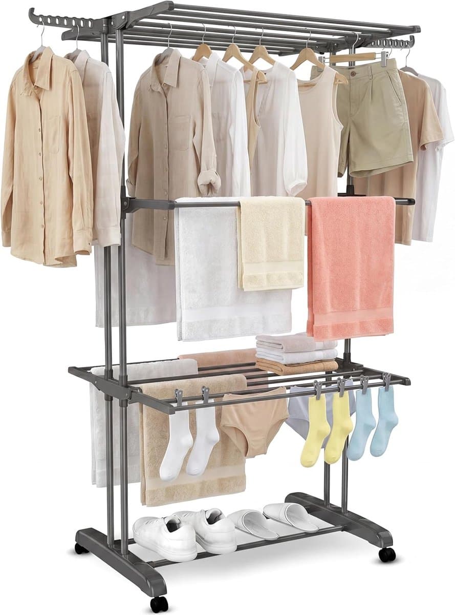 3-laags opvouwbaar droogrek - 12 m droogrek voor binnen en buiten | 72 x 50 x 172 cm droogtoren met 3 niveaus | Stevig, lichtgewicht ontwerp voor handdoeken, kleding en was — afbeelding 1