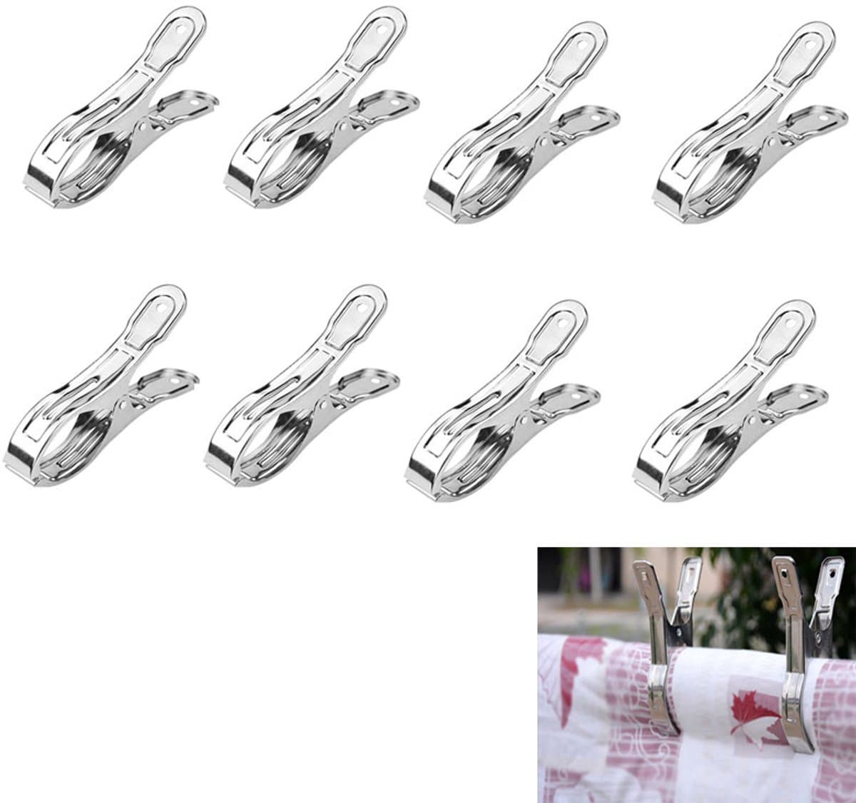 8-stuks Wasknijpers van roestvrij staal - Windbestendige wasknijpers - Strandhanddoekclips - Dekenclips - 13x2cm - Geschikt voor het drogen van kleding, strandhanddoeken, zwembadhoezen, gordijnen, dekens, enz. - Zilver — afbeelding 1