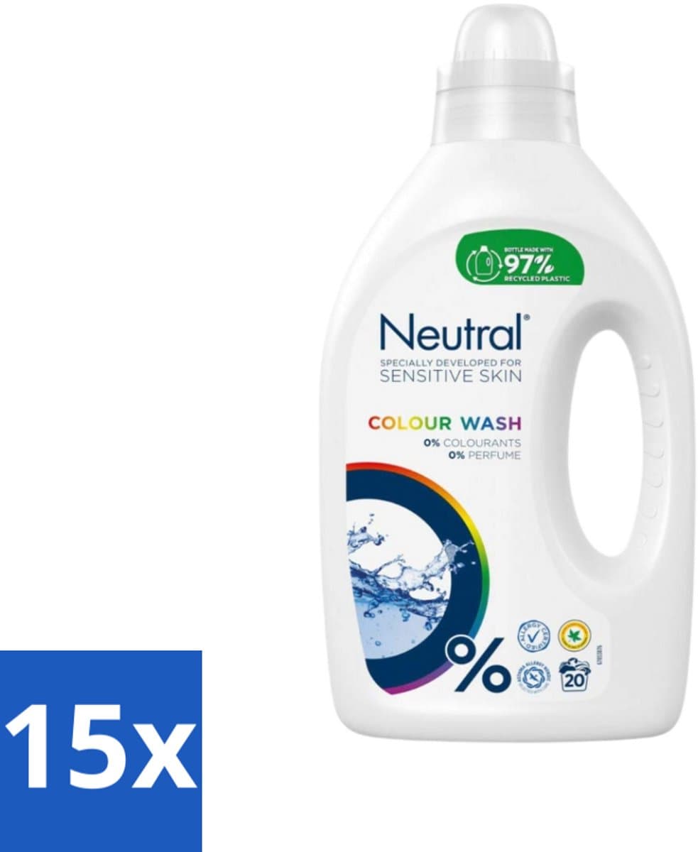 15 x Neutral Vloeibaar Wasmiddel Kleur 20 Wasbeurten 1 liter - Gekleurde Was - Wasmiddel - Wasmiddel 0% Kleurstof - Wasmiddel 0% Parfum - Hypoallergeen Wasmiddel — afbeelding 1
