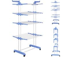 PIPIPOXER- Wasrek Inklapbaar-Droogrek-Staand Droogrek -Uitschuifbare Droogtoren – 4 Verdiepingen – 75 meter Drooglengte- Ruimtebesparend Wasrek -Wastoren Staand- Droogrek op Wielen - blauw en wit