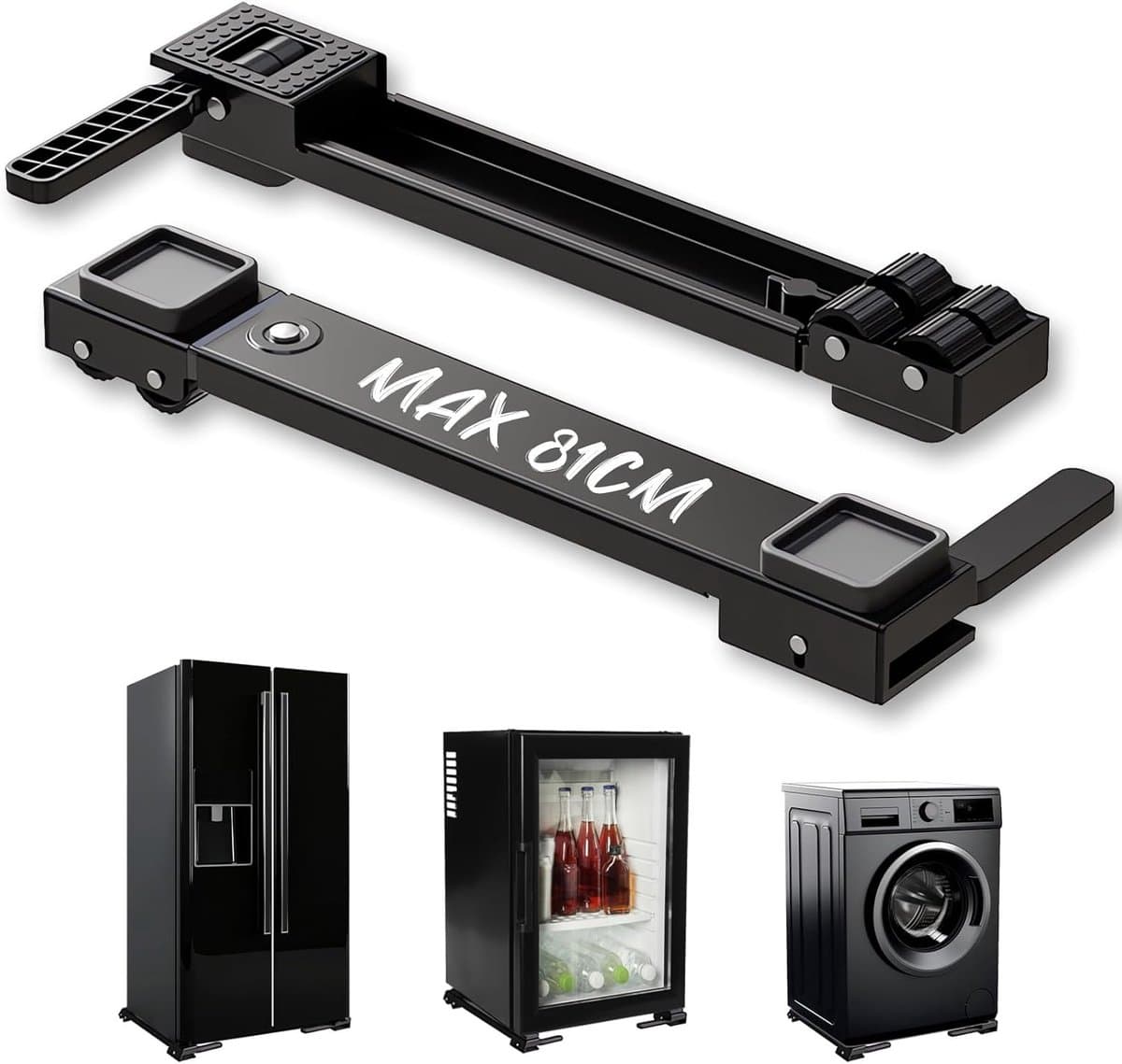 Verplaatsbare Wasmachine-Rolrail - Zwart - Uitschuifbaar van 50-80 cm - Onderstel met Rollen - Voor Wasmachines en Huishoudelijke Apparaten — afbeelding 1