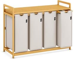 TIM® Wasmand 4 Vakken - Wassorteerder - Wasmand - met Verwijderbare Waszak - Lichtgrijs - 107cm x 42cm x 77cm