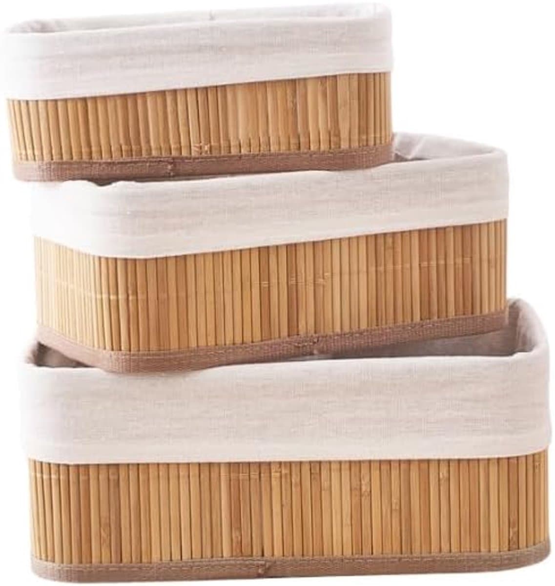 3 stuks bamboe opbergmanden – Met natuurlijke stofvoering, voor kast, plank en badkamer — afbeelding 1