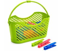 Wasknijpermandje met 24 Wasknijpers – Kunststof Wasknijpermand – Ophangbaar – 24 x 10,5 x 12 cm – Groen — afbeelding 1