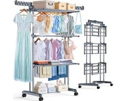 Droogrek 4 etages - Wasrek toren - Kleding drogen - Opvouwbaar met wielen - Grote capaciteit - Grijs Zwart — afbeelding 1