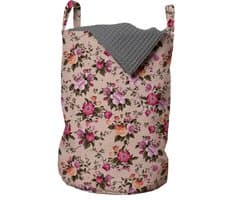 ABAKUHAUS bloemenwaszak, bloempatroon met roos, wasmand met handvatten, trekkoorddichting voor wasserettes, beige roze donkergroen