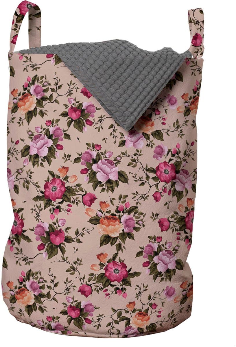 ABAKUHAUS bloemenwaszak, bloempatroon met roos, wasmand met handvatten, trekkoorddichting voor wasserettes, beige roze donkergroen — afbeelding 1