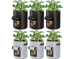 6 Pack 10 gallon aardappelkweekzakken met klepper, tuinplantzak met duurzaam handvat, verdikte niet-geweven stoffen potten voor tomaat, groenten en fruit (zwart en grijs)