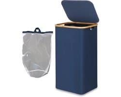Hoge wasmand met deksel van 100 liter, opvouwbare XXL wasmand met bamboe handvat en binnenvak, ideaal voor slaapkamer en badkamer, blauw
