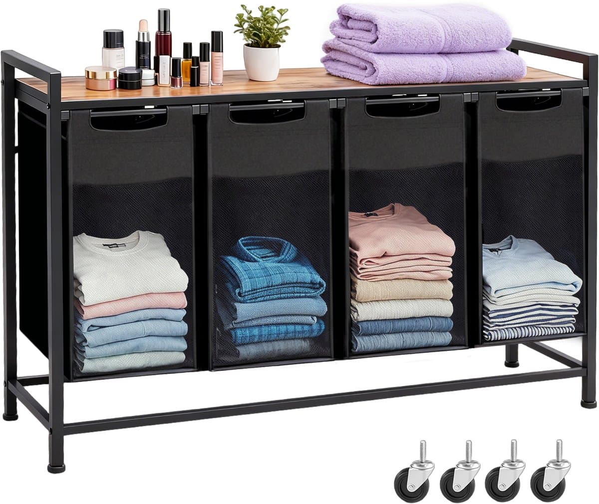 Vierdelige Wasmand 160L – 4 Wasmanden Naast Elkaar Met Metalen Frame en Opbergplank 116×33×72 cm – Wasgoed Organizer — afbeelding 1