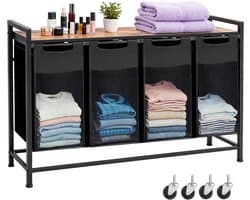 Vierdelige Wasmand 160L – 4 Wasmanden Naast Elkaar Met Metalen Frame en Opbergplank 116×33×72 cm – Wasgoed Organizer