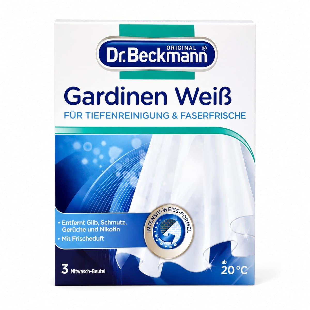 Dr. Beckmann Gordijnen Wit Reiniger - 3 x 40g - Tegen Vergeling, Grauwe Aanslag & Geur — afbeelding 1