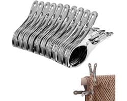 Allecto - 10 Stuks Strandhanddoekklemmen - Roestvrij Staal - Duurzaam en Sterk - Zilver - Handige Clips voor Strandlakens - Perfect voor Kleding e