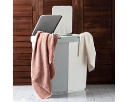 Motek® - Wasmand - 2 Vakken met Deksel - Met Touch Deksel - Gemaakt van 100% gerecycled kunststof - 80 L - wasmand met deksel - Wassorteerder - Grijs - Wit — afbeelding 1