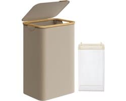 FurnStar - Wasmand met deksel - wasverzamelaar 90 l - uitneembare waszak - Oxford-weefsel - handgrepen van bamboe - inklapbaar - 42 x 32 x 70,5 cm - camelbruin