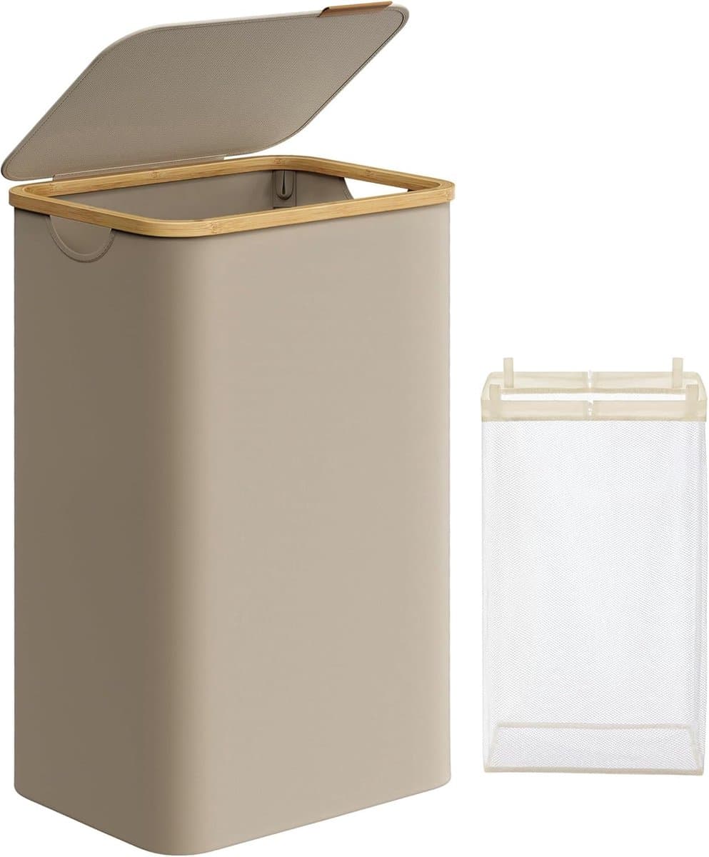 FurnStar - Wasmand met deksel - wasverzamelaar 90 l - uitneembare waszak - Oxford-weefsel - handgrepen van bamboe - inklapbaar - 42 x 32 x 70,5 cm - camelbruin — afbeelding 1