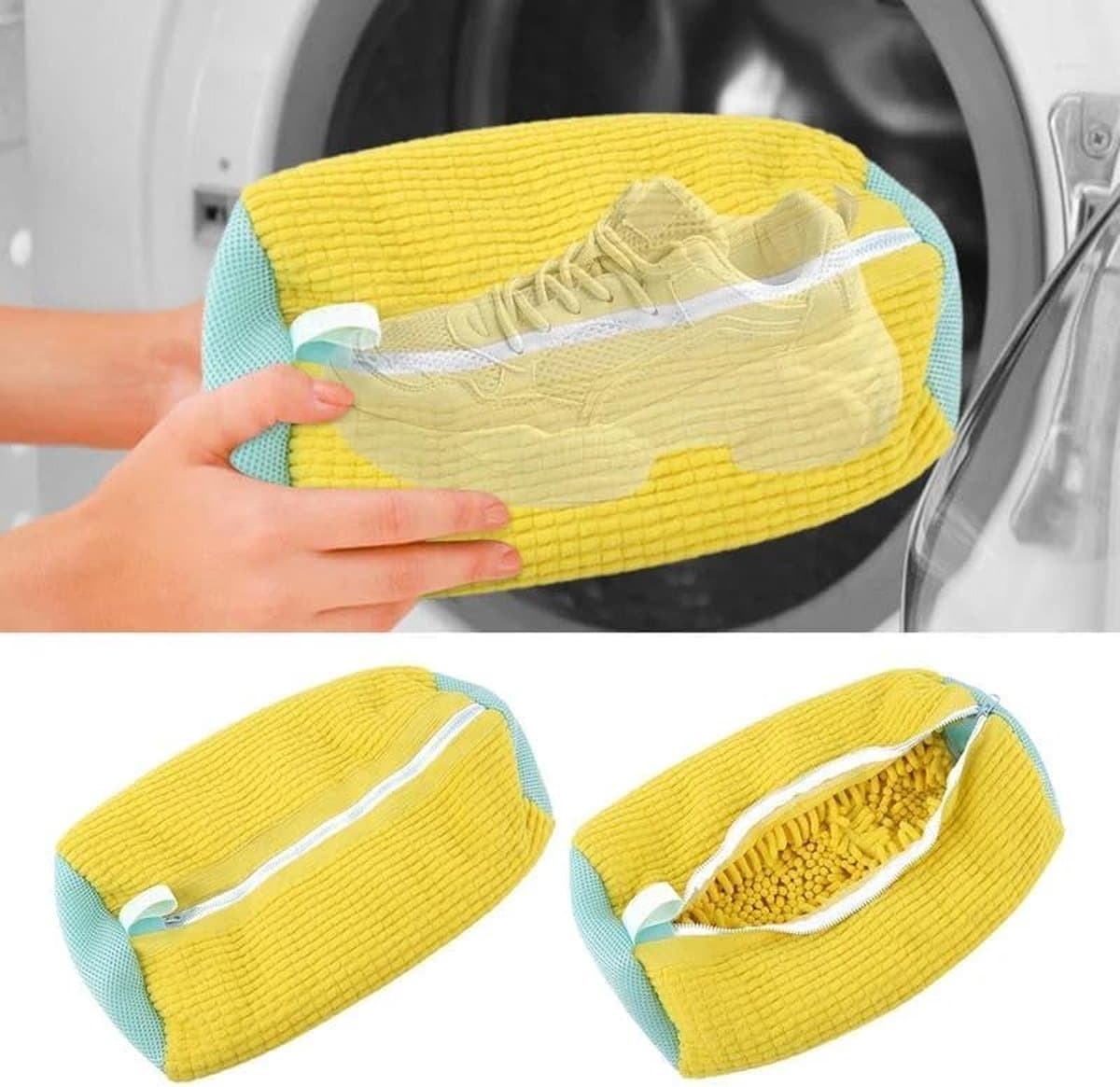 Set van 2 schoenenwaszakken, waszak, schoenen, sneakers, wasnet met meerdere beschermingen, zelfreinigende schoenen dikke waszak, verhoogde wrijving aan de binnenkant, geel — afbeelding 1