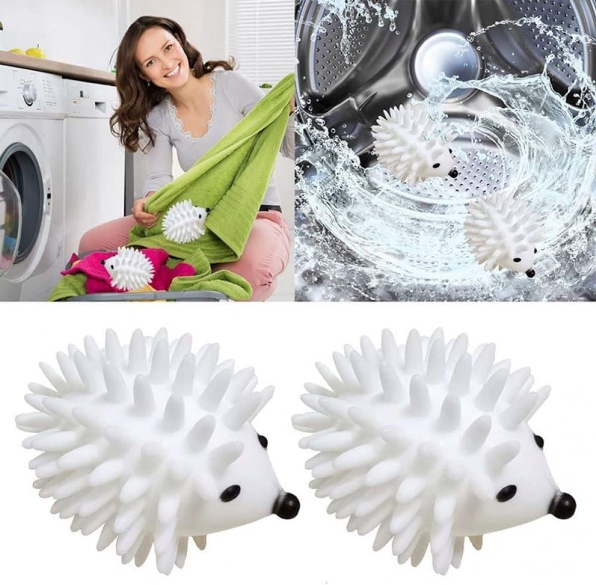 2 stuks Washing Laundry Ball,Cartoon Hedgehog Washing Balls Reusable Washing Ball Washing Machine Hair Grippers,wit — afbeelding 1