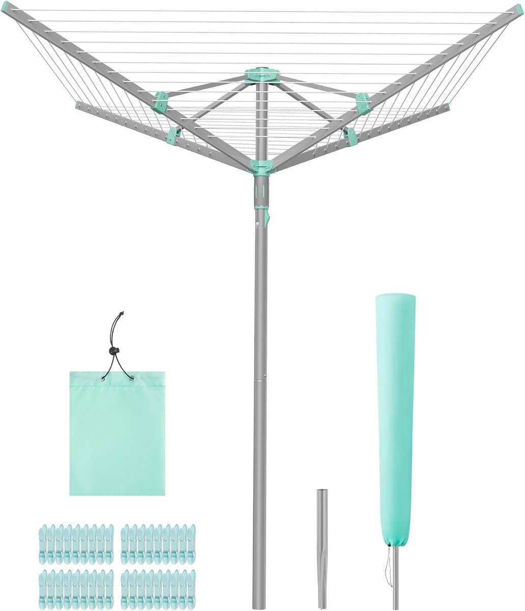 SONGMICS wasspin, wasrek, draaistang, opvouwbaar, buiten, tuin, met wasklemmen, beschermhoes, zilver, 50 m waslijn, voor 5 wasbeurten LLR307EZ01 — afbeelding 1