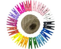 Houten Waslijnklemmen Kleurrijk - 100 Stuks Mini Knijpers met 100m Jute Touw voor Foto's en Decoratie