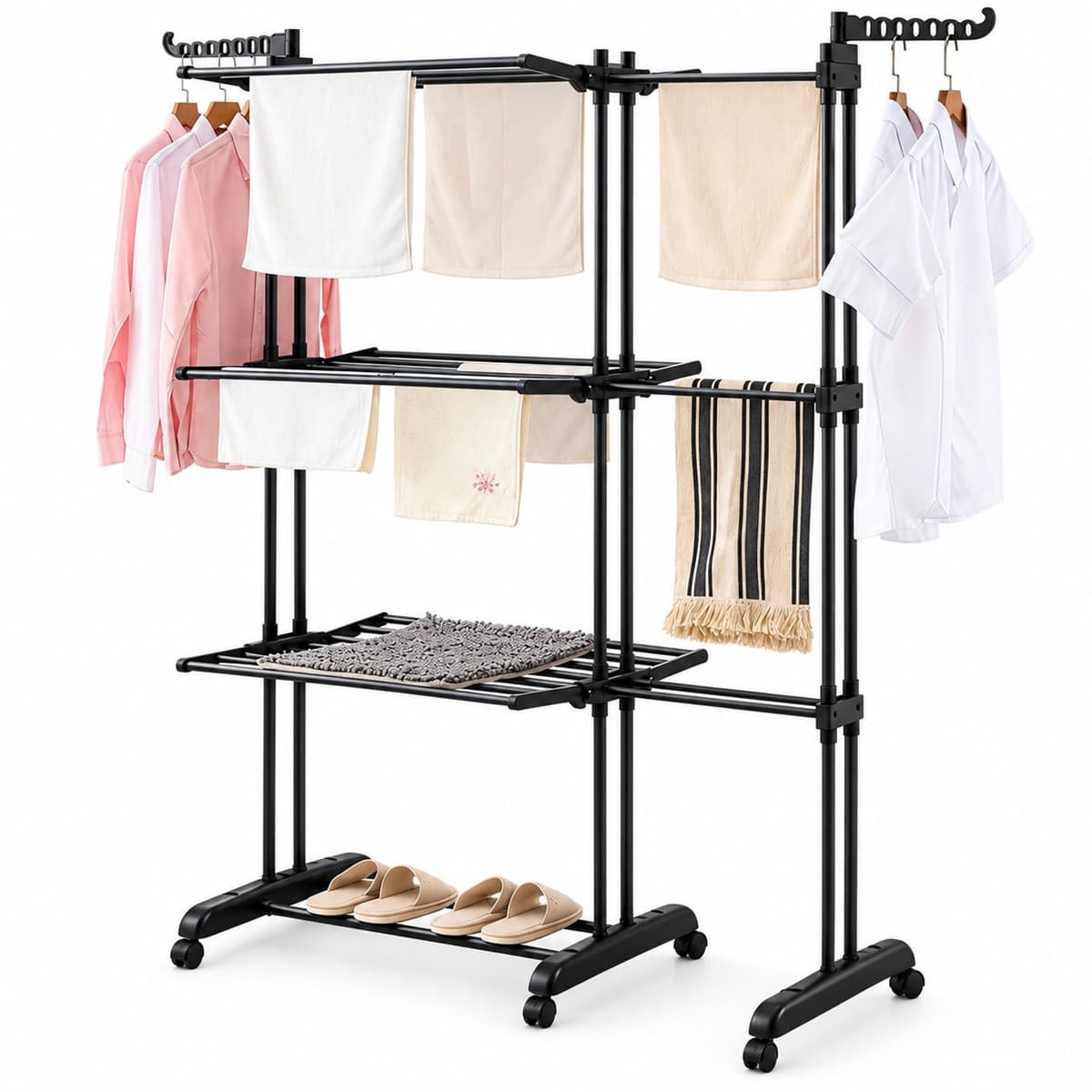 Bliss & Beyond Droogrek - Droogtoren - Wasrek - 170cm hoog - 3 laags - Verstelbare breedte 75-132cm - Ruimtebesparend - Zwart — afbeelding 1