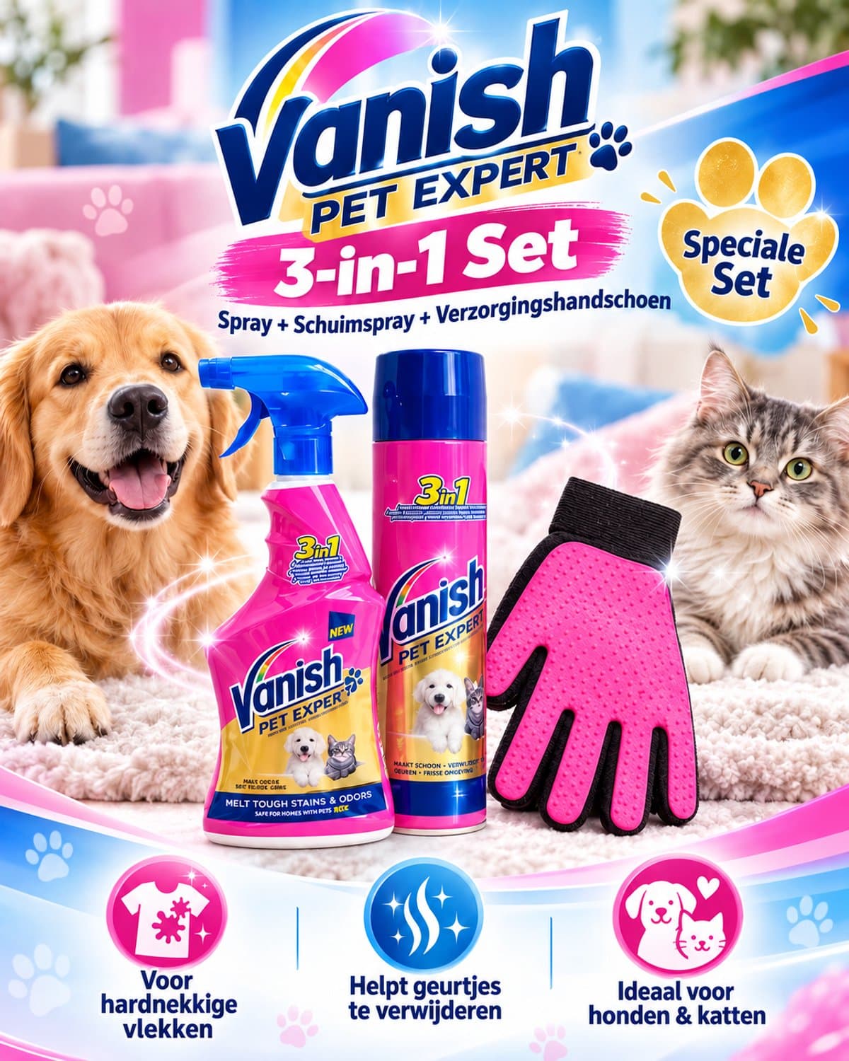 Vanish Pet Expert Spray 500ml + Verzorgingshandschoenen – Krachtige Vlek- & Geurverwijderaar voor Huisdieren- 3 Stuks — afbeelding 1