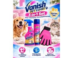Vanish Pet Expert Spray 500ml + Verzorgingshandschoenen – Krachtige Vlek- & Geurverwijderaar voor Huisdieren- 3 Stuks